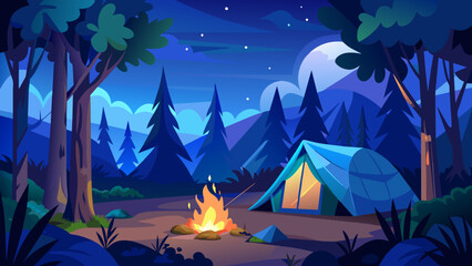 Discover the Enchantment A Blue Tent Amidst the Woods with a Campfire