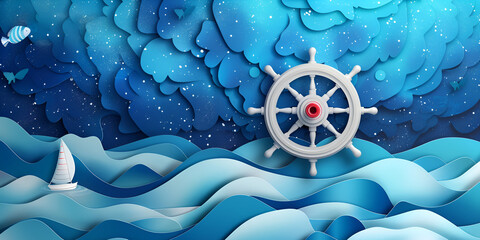 Maritime day vector illustration with ship wheel or steel. Generative ai  - obrazy, fototapety, plakaty