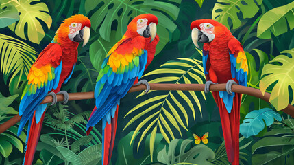Group of colorful macaws Blue and gold macaw cage standing on a log beauty of nature Templates for your creative projects