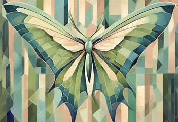 A beautiful cubist or abstract painting of a luna moth in mesmerizing hues of green and brown. A symbol of renewal and an inspirational artwork for your home or office. - obrazy, fototapety, plakaty