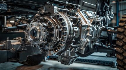 A heavy-duty transfer case, with multiple gear ratios and robust internals, distributing power to the truck's axles - obrazy, fototapety, plakaty