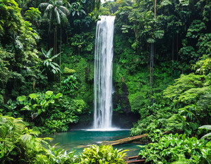 A cascading waterfall hidden within a lush jungle