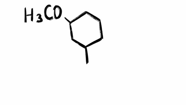 Molecular formula and skeletal structure set of hydrocodone in grunge black and white animation. Hand drawn illustration for research of semisynthetic opioid drug commonly used for the pain relief