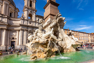 Fountain of Four Rivers (Fontana dei Quattro Fiumi) on Navona square, Rome, Italy - obrazy, fototapety, plakaty