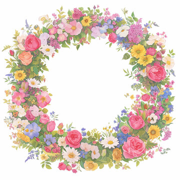 A colorful flower wreath with a white background. The flowers are arranged in a circular pattern, with some overlapping and others standing alone. The overall effect is one of beauty and harmony