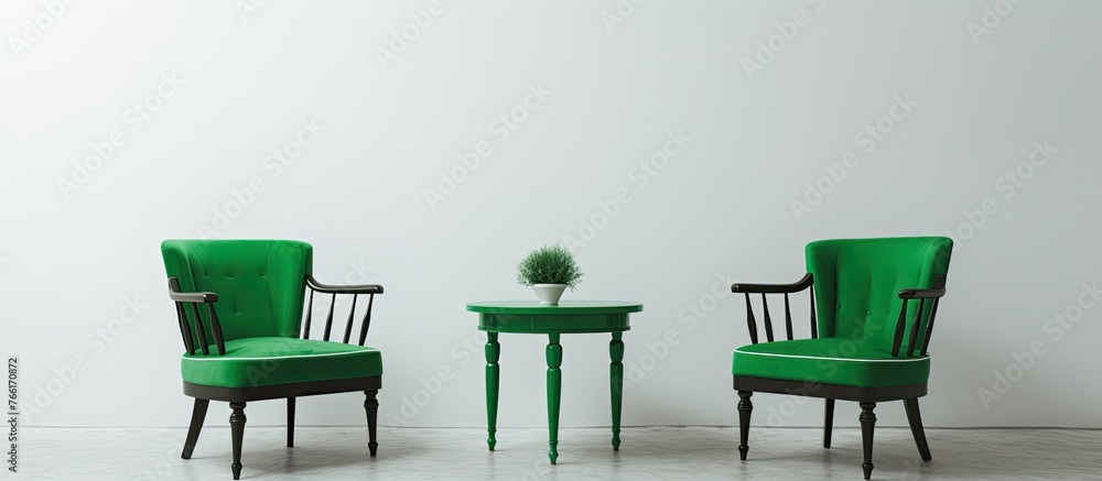 Poster a simple white room with two green chairs and a table placed neatly in the center, creating a minima