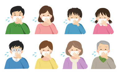 風邪をひいた人物のベクターイラストセット