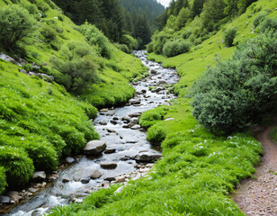 A babbling brook winding its way through a secluded valley - obrazy, fototapety, plakaty