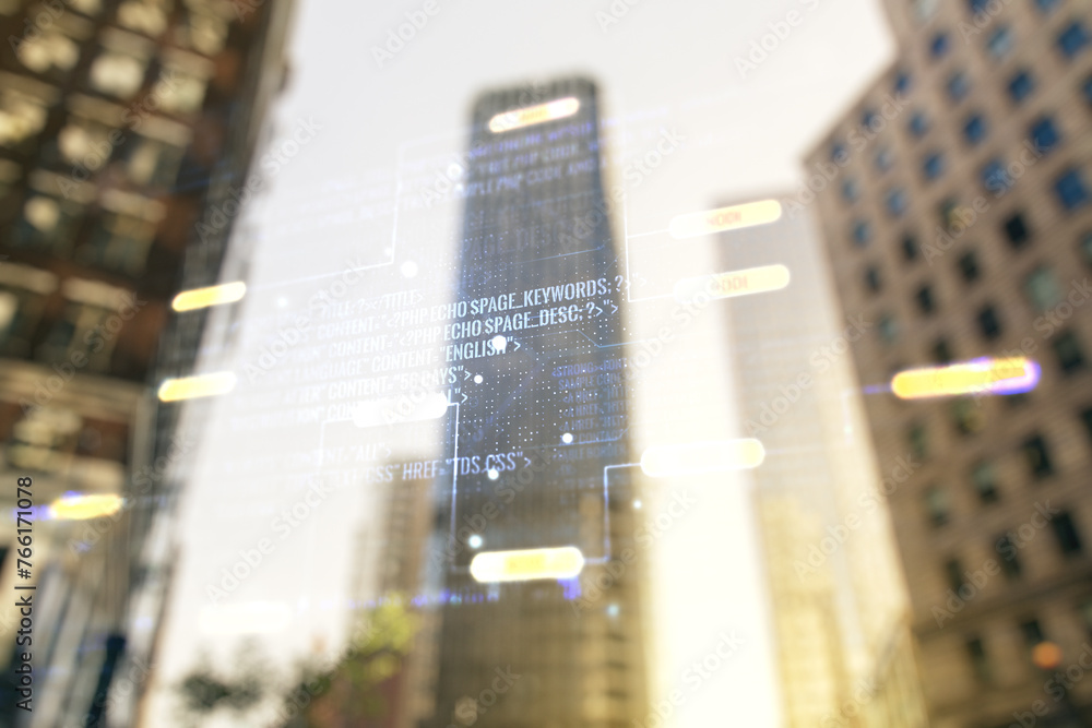 Fototapete abstract virtual coding illustration on modern architecture background, software development concept