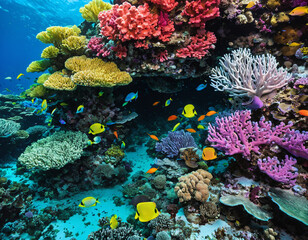 A rainbow-hued coral reef teeming with life beneath the waves