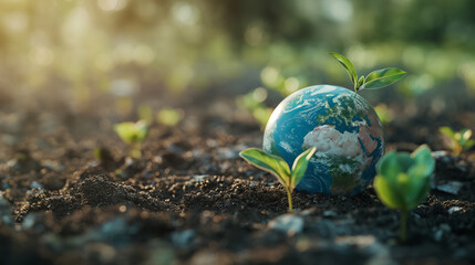 Earth, an empty planet on the ground and with trees. Concept of Earth Day or World Environment Day Trees and globes on a dry and barren earth Environmental conservation and global warming - obrazy, fototapety, plakaty