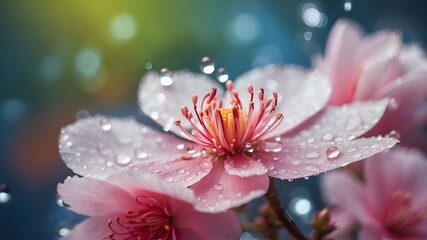 Lovely macro shot of a blossom with dewdrops over an abstract bokeh background