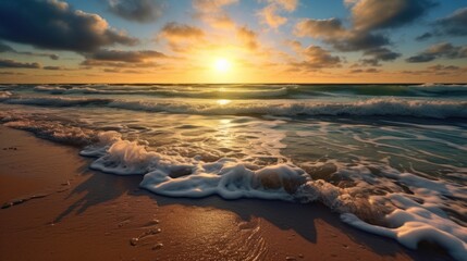Sunlit waves on the yellow sand of a sunny beach along the North Sea illuminated by the light of a colorful sun and a blue cloudy sky in summer - obrazy, fototapety, plakaty