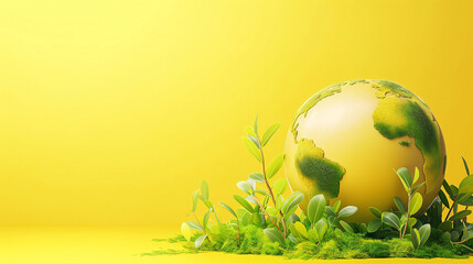 3D globe, sunny daisy field on yellow background. Symbolic idea for World Environment Day with copy space.