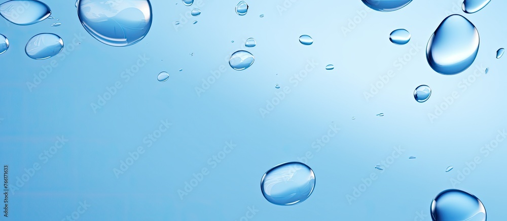 Poster Macro shot showing numerous translucent water droplets in varying sizes collected on a vibrant blue background