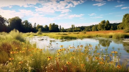 Fototapeta premium landscape with flowers, branches, trees, river and birds against the sky
