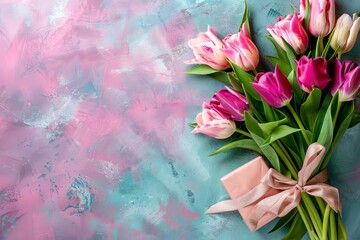 Tulip Bouquet with Gift on Pastel Art
