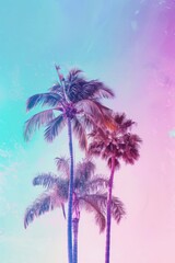 Fototapeta na wymiar Palm trees stand tall against a colorful background of blue and pink sky