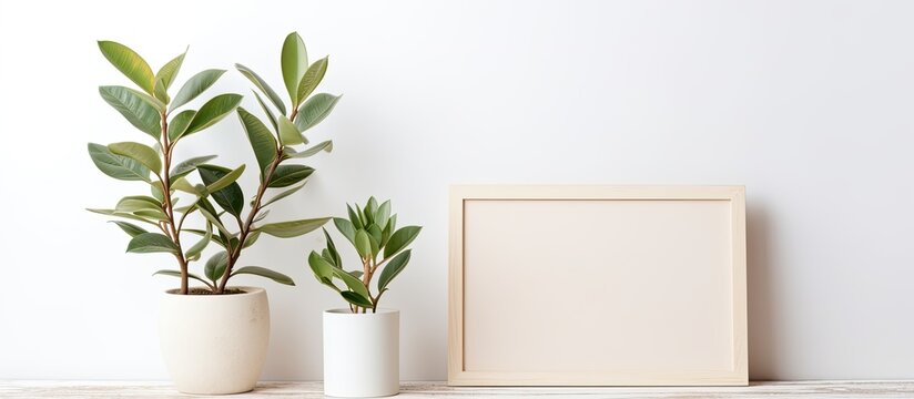 An elegant picture frame and a green plant in white pots placed on a rustic wooden table