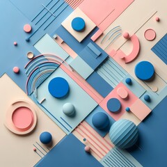 Abstract colored paper texture background. Minimal geometric shapes and lines in blue, and pink.