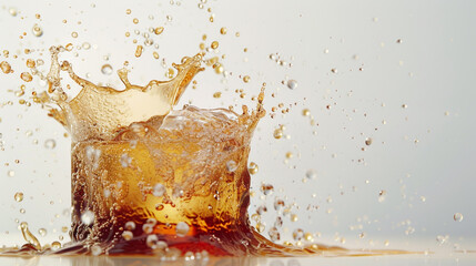 A dynamic cola beverage exploding in a splash on a pristine white surface, with fizzy bubbles and droplets suspended in mid-air. - obrazy, fototapety, plakaty