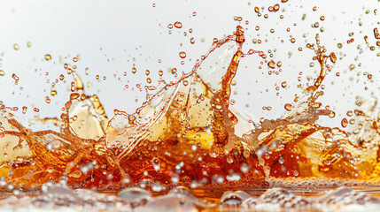 A dynamic cola beverage exploding in a splash on a pristine white surface, with fizzy bubbles and droplets suspended in mid-air. - obrazy, fototapety, plakaty