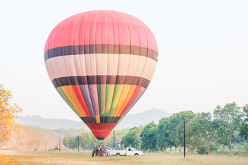 Naklejka premium CHIANG RAI, THAILAND - JANUARY 20, 2024 : Hot air balloon over yellow flower fields against blue sky,Colorful Hot air balloons flying over the valley with blue sky,Travel and Tourism concept.