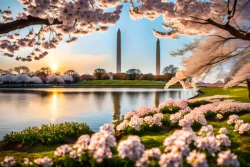 Papier Peint photo Lavable Etats Unis Washington DC, USA at the tidal basin with Washington Monument in spring season.