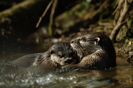 Hugging otters, tender image of two animal friends on a river bank