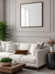 Mockup poster frame in living room interior with sofa, interior mockup with house background