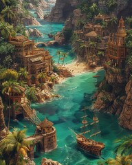Capture the mysterious allure of pirate havens from an aerial perspective Include hidden coves, ships docked, and a sense of adventure