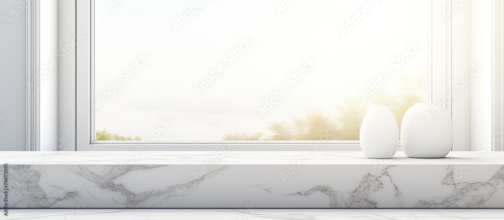 Poster two elegant white vases are placed on a sleek marble counter surface, creating a stylish and modern 