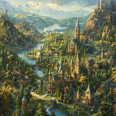 Design a captivating panoramic view of a magical landscape showcasing multiple wizard academies nestled among mystical forests and serene lakes Include unique architecture, flying spellbooks, and stud - obrazy, fototapety, plakaty