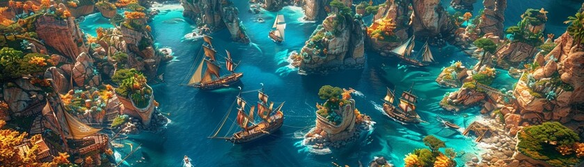 Obraz premium Design a detailed aerial scene of a pirate haven, complete with rugged cliffs, sailboats, hidden caves, and a touch of pirate folklore Make it captivating and full of storytelling potential