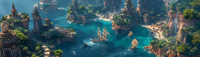 Design a detailed aerial scene of a pirate haven, complete with rugged cliffs, sailboats, hidden caves, and a touch of pirate folklore Make it captivating and full of storytelling potential - obrazy, fototapety, plakaty
