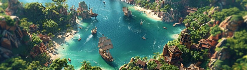 Naklejka premium Design a detailed aerial scene of a pirate haven, complete with rugged cliffs, sailboats, hidden caves, and a touch of pirate folklore Make it captivating and full of storytelling potential