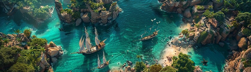 Fototapeta premium Design a detailed aerial scene of a pirate haven, complete with rugged cliffs, sailboats, hidden caves, and a touch of pirate folklore Make it captivating and full of storytelling potential