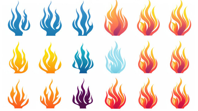 Blue, red, purple and orange fire flame. Hot flaming element. Flat element logo design, isolated on white background