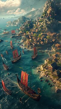 Design a dynamic and dramatic scene of a Viking raid seen from above, with longships approaching a coastal village, warriors charging ashore, and fierce battles unfolding, highlighting the intensity, 