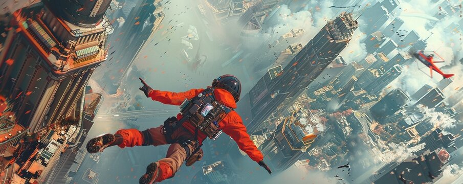 Design a dynamic birds-eye view illustration showcasing the adrenaline rush of extreme sports Capture the intense movement and excitement in a way that grabs attention at first glance!