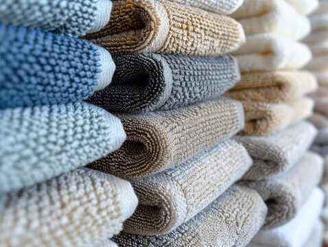 Evoke the sensation of walking on sandy beaches through your towels Create a visually striking worms-eye view image where each towel represents a unique sandy terrain Highlight the textures and colors