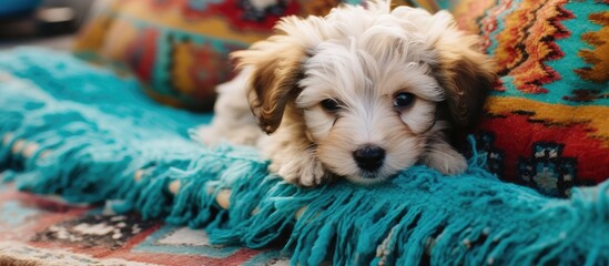 A small dog, possibly a Toy dog breed, is relaxing on a blue blanket. The carnivorous canine has soft fur and is in the Sporting Group category