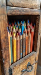 Transform imagination into imagery! Depict a captivating long shot of a drawer concealing pencils that magically turn thoughts and sketches into ephemeral realities Showcase the wonder of creation com - obrazy, fototapety, plakaty