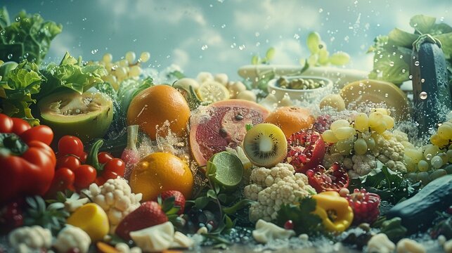 Let the viewer experience a fresh take on nutrition innovations by visualizing it from a worms-eye view Incorporate elements like fresh produce, innovative food products, and scientific concepts to cr