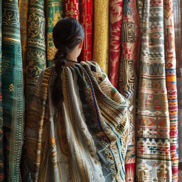 Incorporate the rich cultural narratives and intricate designs of textile weaving patterns into a visually striking composition from a distinctive rear view angle Let the complexity and stories behind