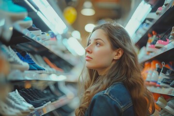 Portrait of beautiful young woman shopping new shoes in store. People shopping concept, Generative AI - obrazy, fototapety, plakaty