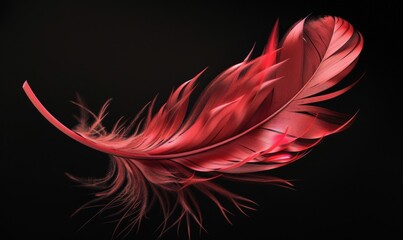A vibrant red feather contrasts against a solid black background