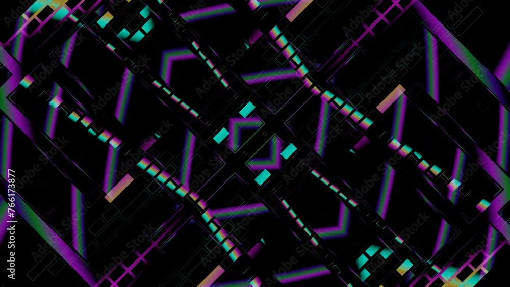 Poster seamless loop animation featuring vibrant lines and shapes against a black background in a 3d render