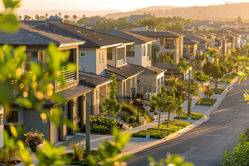 A detailed view of a luxury city quarter, the single-story houses with their spacious patios