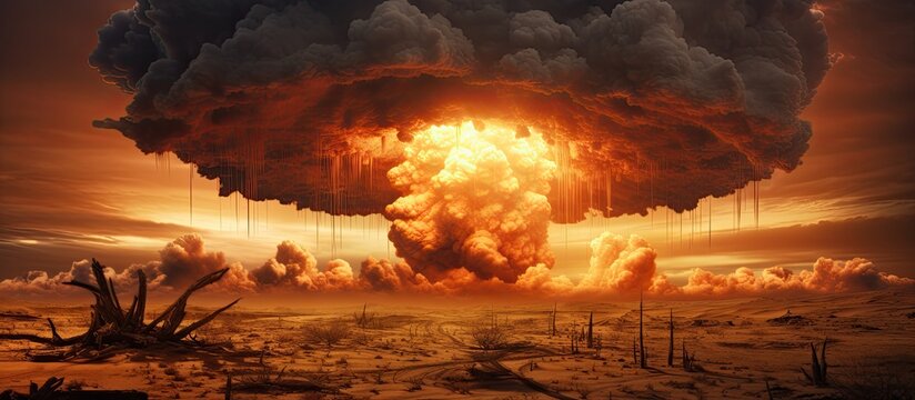 A vast mushroom cloud rises above a barren desert region